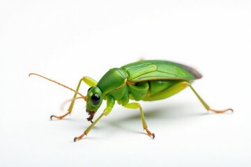 Single green insect with visible detail against stark white, detail, design element, image