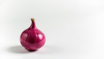 Single red onion, vibrant color, clean white background, red onion, minimalist, ingredient