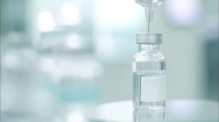Close-up of a pharmaceutical vial being filled with a precision nozzle, glass bottle in center of frame with white label visible.