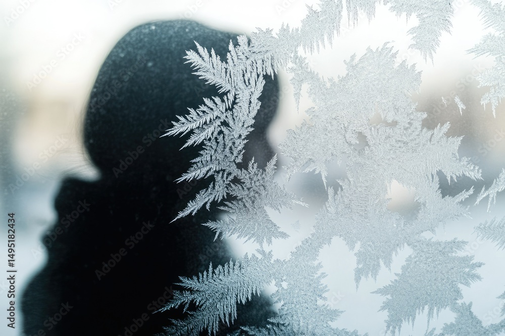 Aufkleber intricate frost patterns on a windowpane, silhouetted figure visible behind.