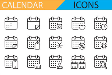 Collection of line-style calendar icons with various date views and layouts.