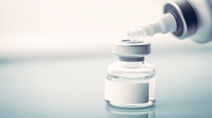 Close-up of a pharmaceutical vial being filled with a precision nozzle, glass bottle in center of frame with white label visible.