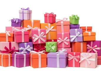 Obraz premium Pile of colorful gift boxes with ribbons on white background
