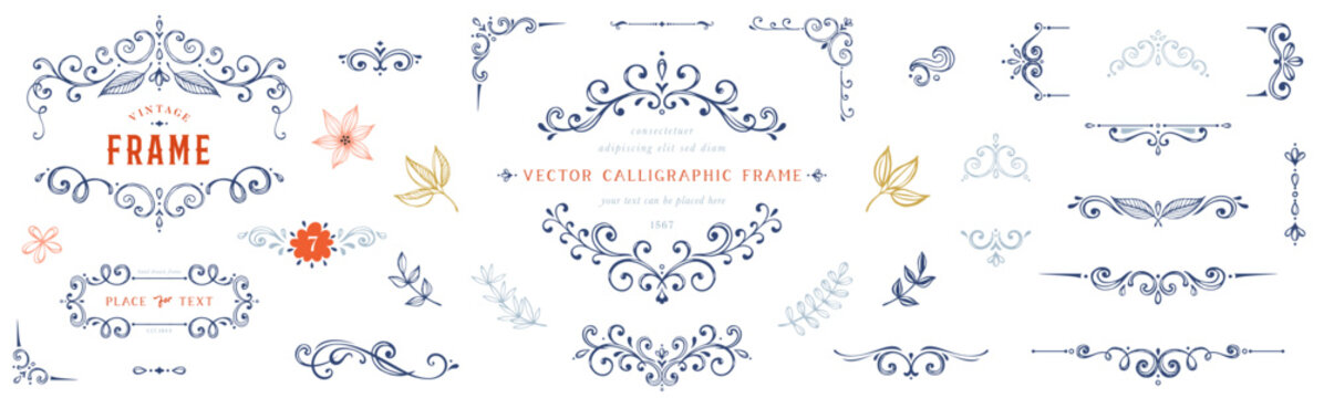 Vintage handdrawn design elements with calligraphy swirls, swashes, floral motifs and scrolls. Frames, labels, logos and banners.