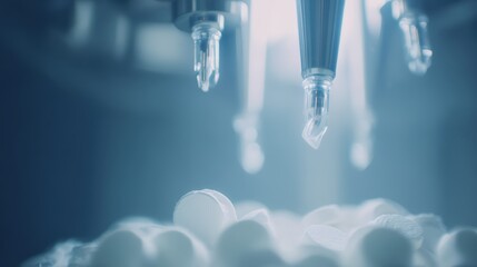 Automated pharmaceutical production line filling glass vials with liquid medicine, showcasing modern sterile manufacturing in a biotech facility.