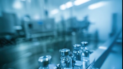 Automated pharmaceutical production line filling glass vials with liquid medicine, showcasing modern sterile manufacturing in a biotech facility.