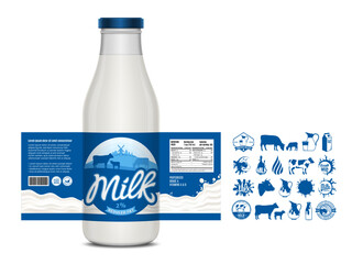 Vector milk label design, packaging design template. Milk bottle with label. Dairy icons and design elements
