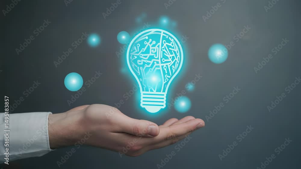 Poster glowing circuit lightbulb in hands