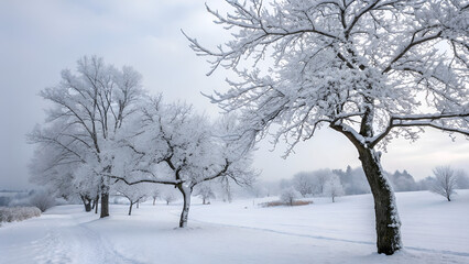 Leafless trees covered with snow stand in a peaceful, white winter landscape under a cloudy sky.
