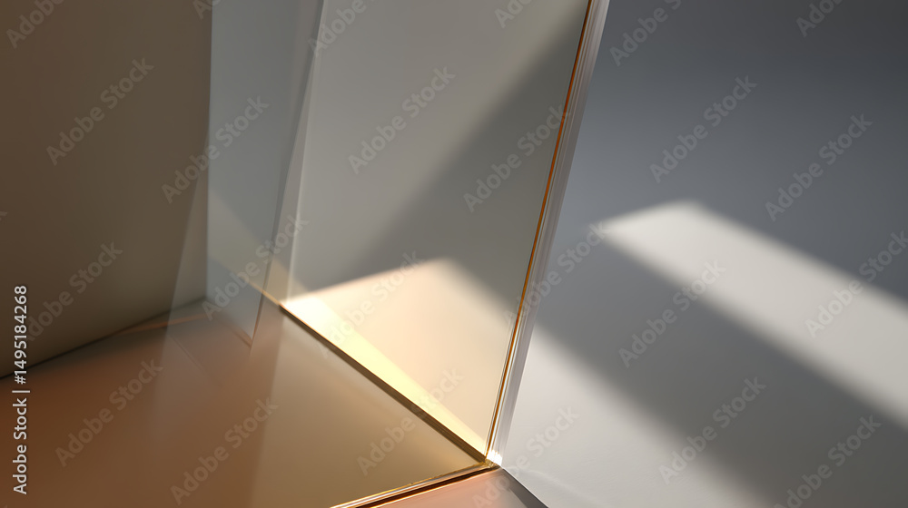 Poster abstract geometric shapes are illuminated by sunlight, creating sharp contrasts in color and shadow,