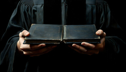 Person in black robe holding an open, aged book with light gilding