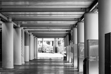 Pedestrian gallery perspective, in in the old port of Genoa City, where the city's museums are housed; capital of the Liguria region, it is one of the largest commercial port in Europe.