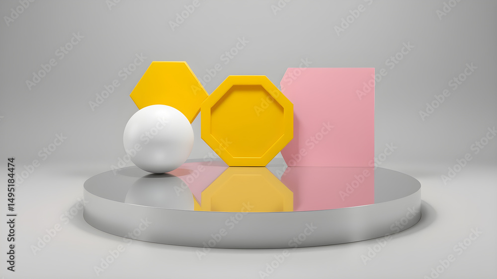 Aufkleber abstract geometric shapes on a reflective platform minimalist product display