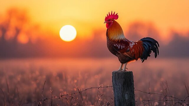 Rooster sunrise on fence post