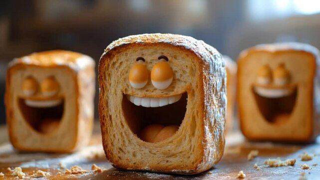 Cute bread face animation background on wooden surface with blinking eyes flour