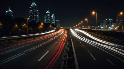 Fototapeta premium Night highway scene with city skyline. Illuminated cityscape at night, with blurred car lights, creating streaks on the highway