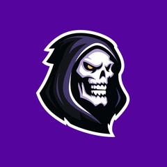 Dark and bold esports logo featuring a menacing skull with a hood designed for competitive gaming teams and events