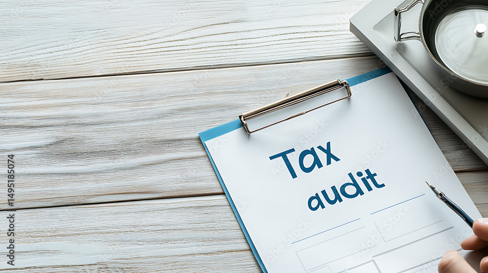 Poster tax audit document preparation: pen in hand, ready to navigate the financial checklist, ensuring com