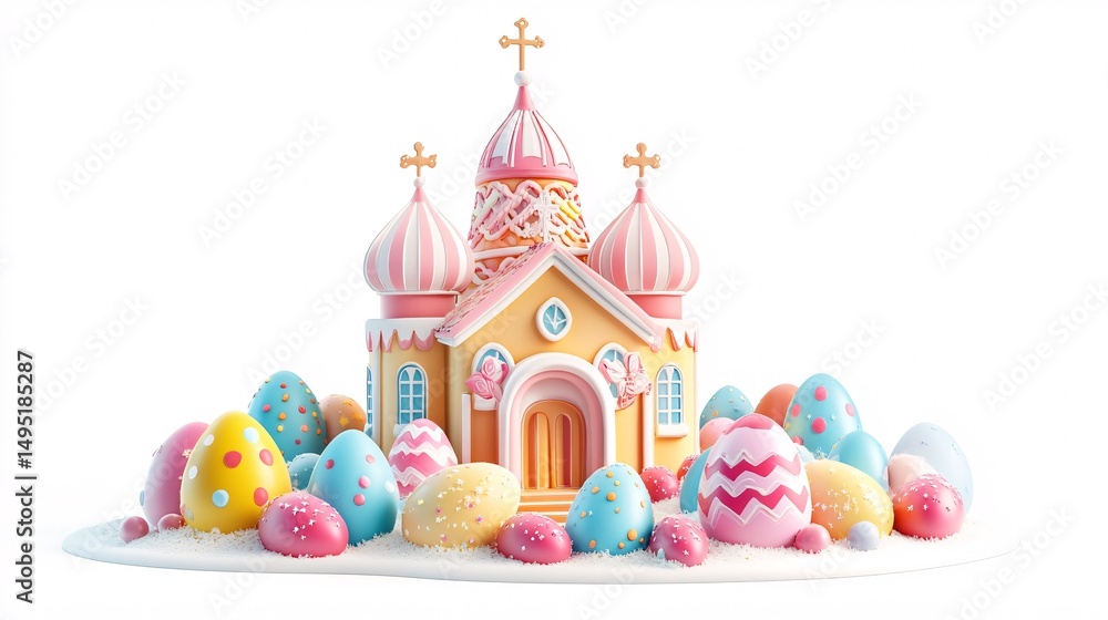 Poster charming 3d rendering showcases a whimsical easter scene with colorful eggs surrounding a festive ch