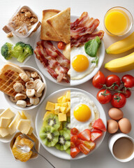 Healthy and unhealthy breakfast foods are creatively displayed side by side, illustrating contrasting dietary choices for a balanced or less nutritious meal at home.