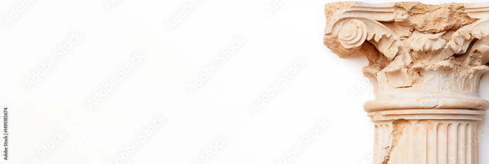 Poster fragment of an antique stone column with a scroll capital, set against a pristine white background, 