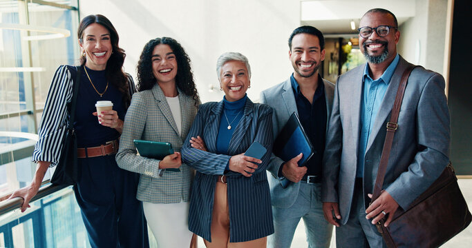 Business, people and group with portrait in office building for financial conference, career confidence or ready for meeting. Finance team, tech and happy for corporate seminar, about us or diversity