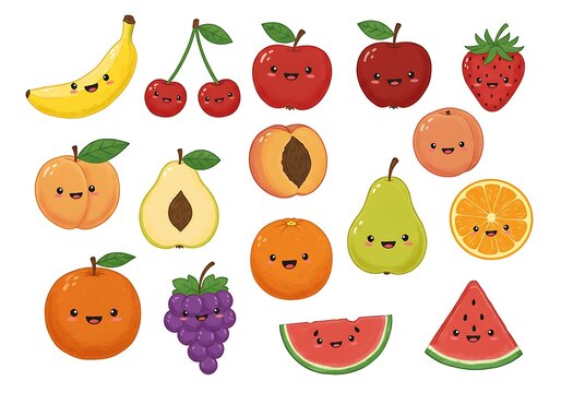 Cartoon fruit assortment with smiling faces on a white background