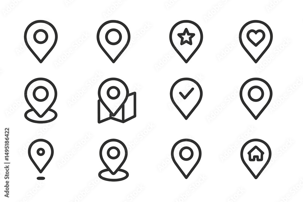 Poster modern vector illustration of various map pin icons representing different categories and locations 