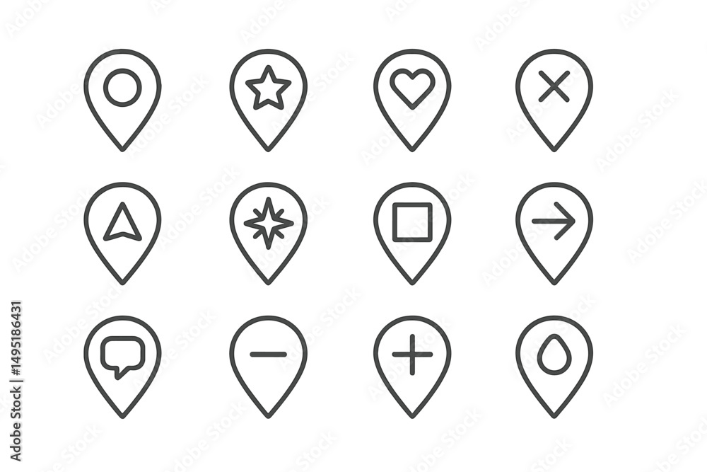 Poster modern vector illustration of various minimalist map markers with distinctive shapes and symbols on 
