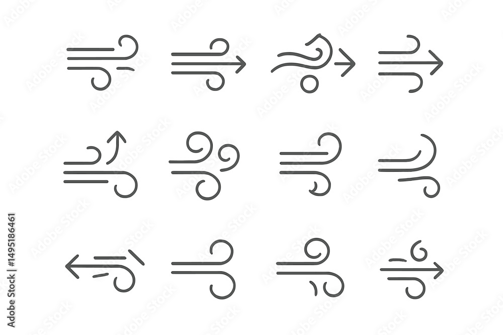 Poster modern vector illustration depicting various wind patterns and directions in a simple design style