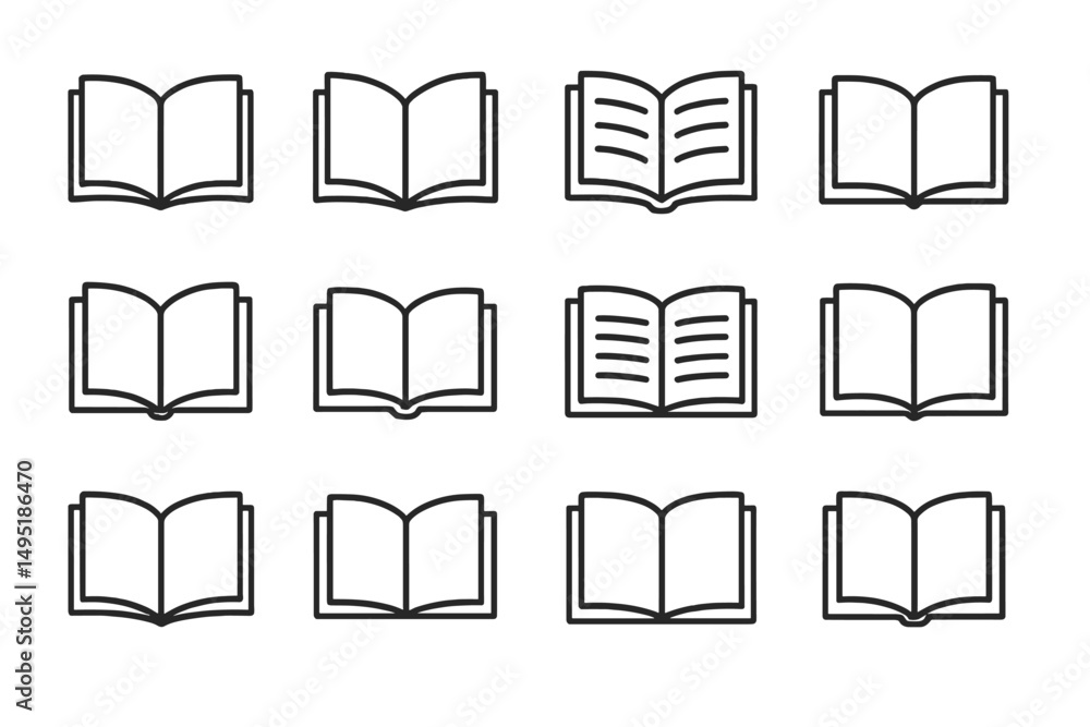 Poster modern vector illustration of various open book designs displayed in a grid format showcasing clean 