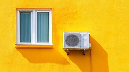 White air conditioner cooling near window on yellow wall during summer heat