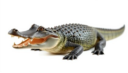 Obraz premium A single crocodile isolated on pure white background, ready for precise cut-out, swamp, scaly