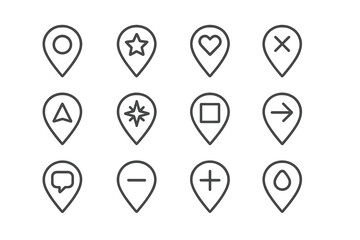 Modern vector illustration of various minimalist map markers with distinctive shapes and symbols on a clean background
