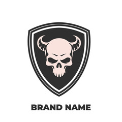 Logo of a skull with horns and a shield