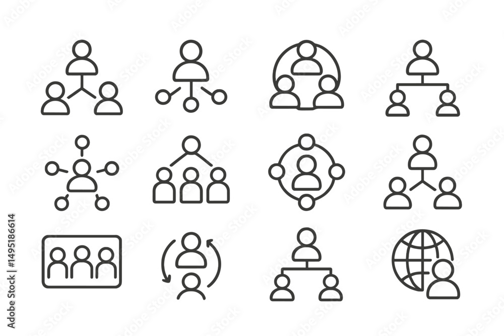Poster vector illustration depicting various networking and organizational structures in a modern, minimali