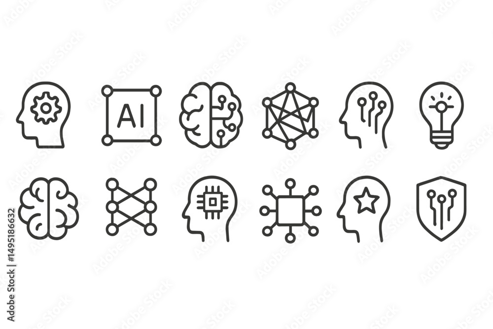 Poster modern vector illustration showcasing various symbols of artificial intelligence and machine learnin