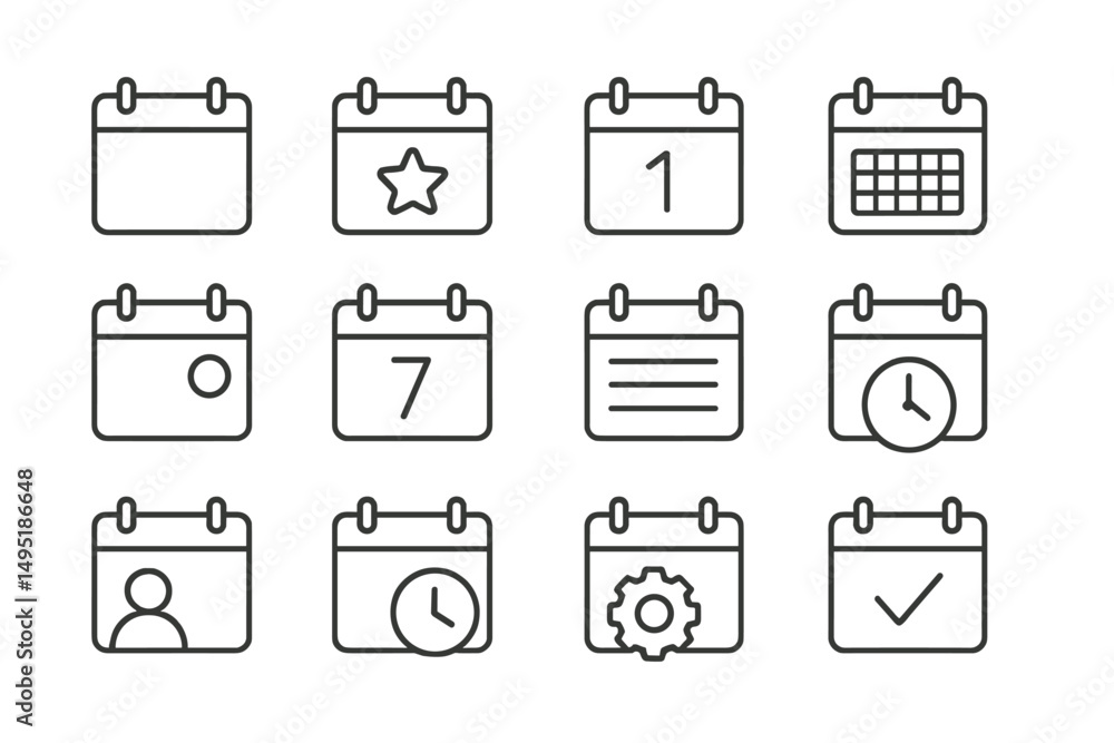 Poster modern vector illustrations of diverse calendar icons for planning and scheduling activities in vari