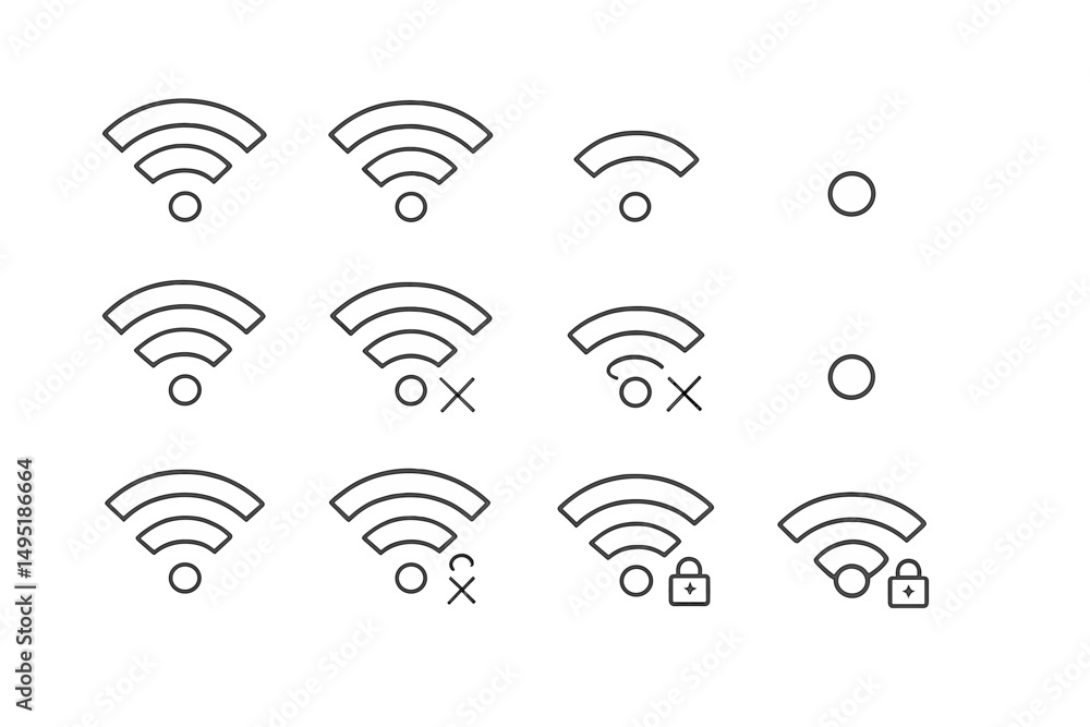 Poster vector illustration of various wifi signal strengths and statuses in a modern design setting