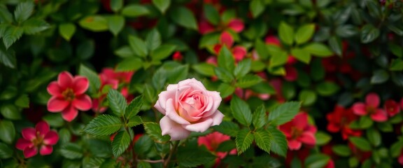 A single pink rose blooms amidst lush green foliage in a vibrant garden, floral background, pink flowers