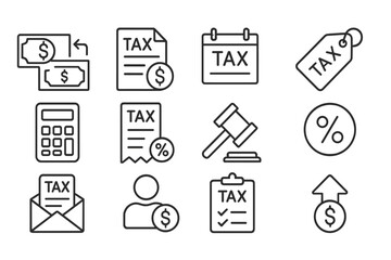Vector illustration depicting various tax-related icons including financial documents, a calculator, and a gavel focused on taxation principles