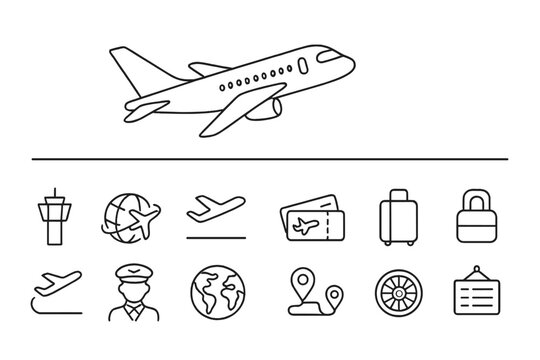 Modern vector illustration depicting air travel and airport elements, showcasing various icons related to flying and transportation