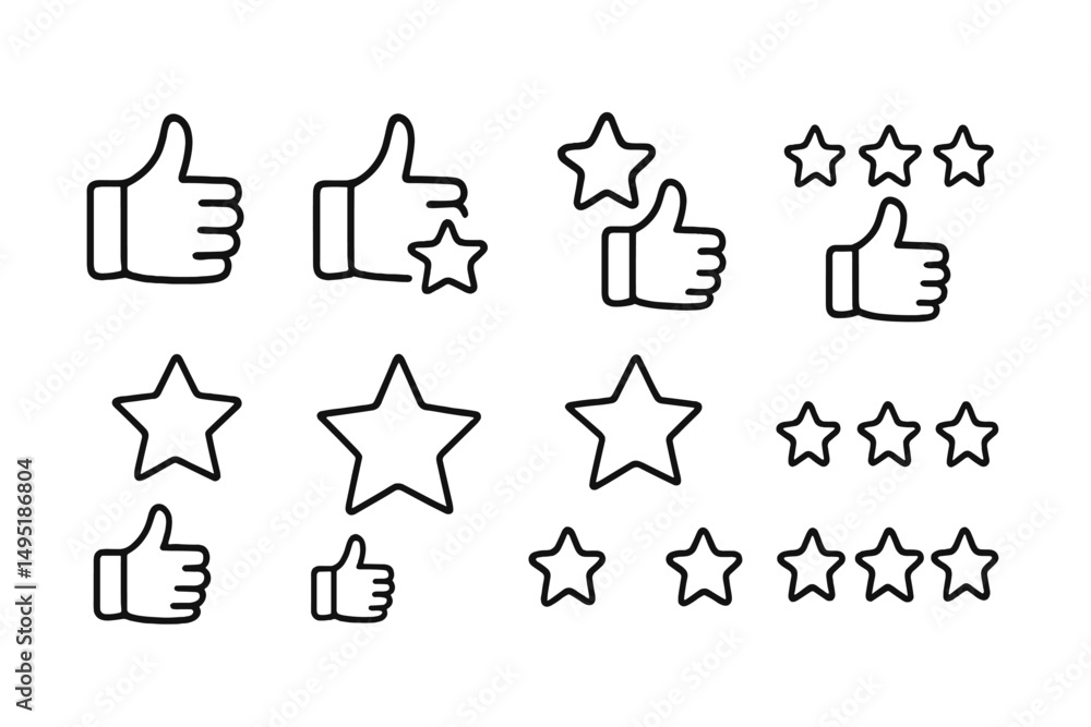 Poster modern vector icons representing thumbs up and stars for user feedback in digital platforms and appl