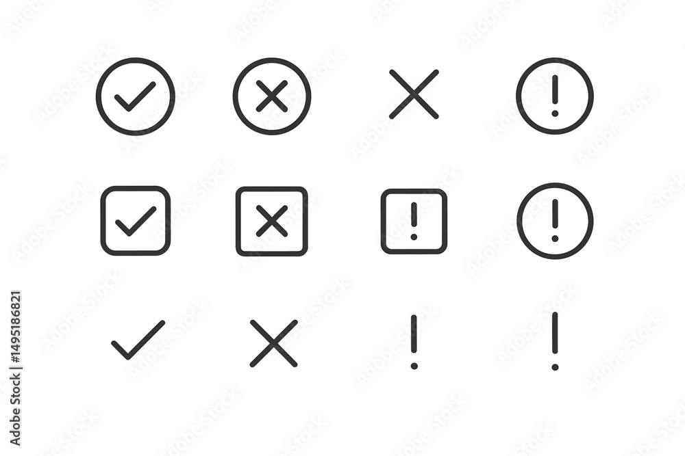 Poster minimalist vector illustration of various symbols including check marks, cross marks, and exclamatio