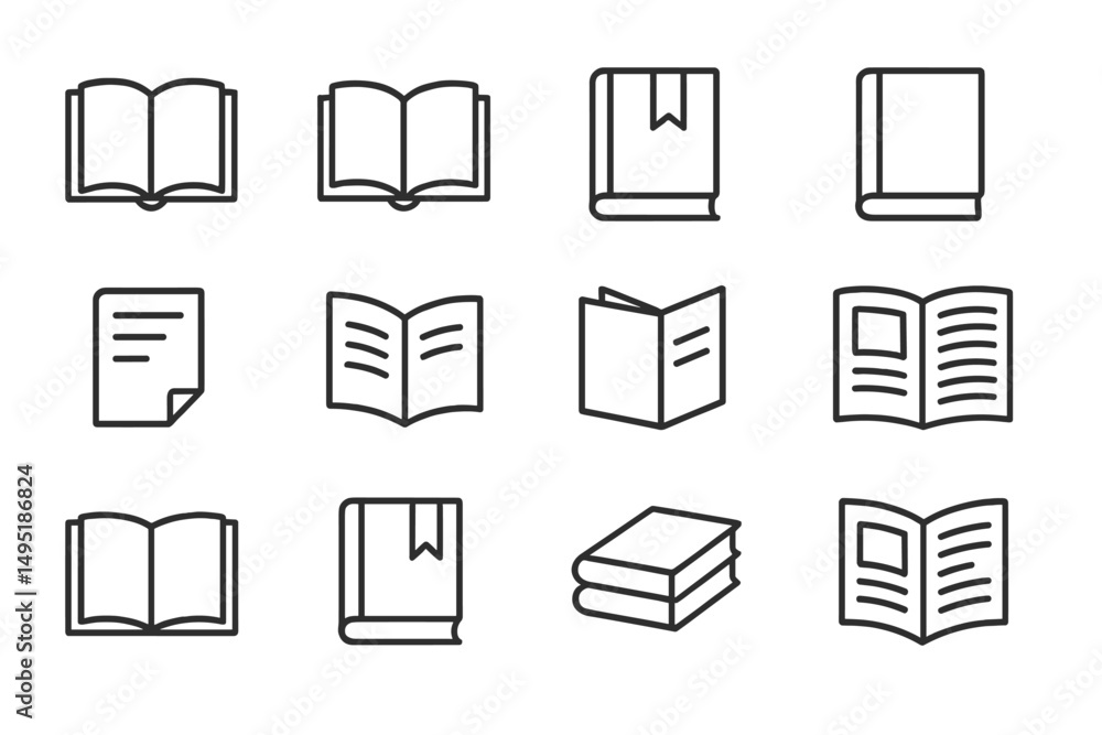Poster collection of modern vector illustrations depicting various book designs and styles in a minimalist 