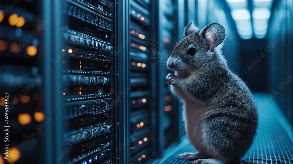 Aufkleber mouse perched amid server infrastructure, symbolizing cybersecurity vulnerability and technology mai