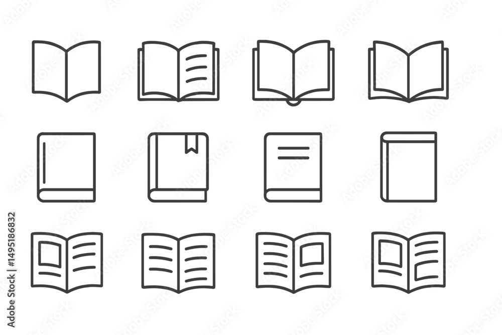 Poster modern vector illustration showing various types of books in different orientations against a simple