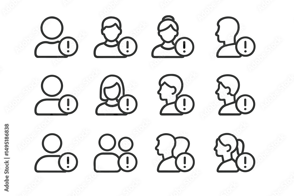 Poster modern vector illustration featuring diverse figures with exclamation points suggesting alertness or