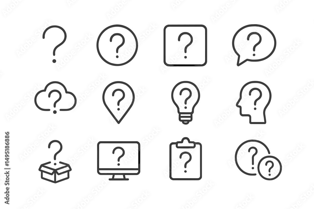 Poster modern vector illustration depicting various symbols of inquiry and uncertainty in a minimalistic st