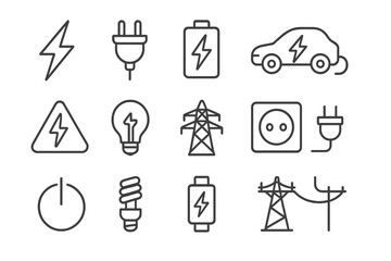 Modern vector illustration of energy symbols including electric car, battery, and charging icons in a minimalist style